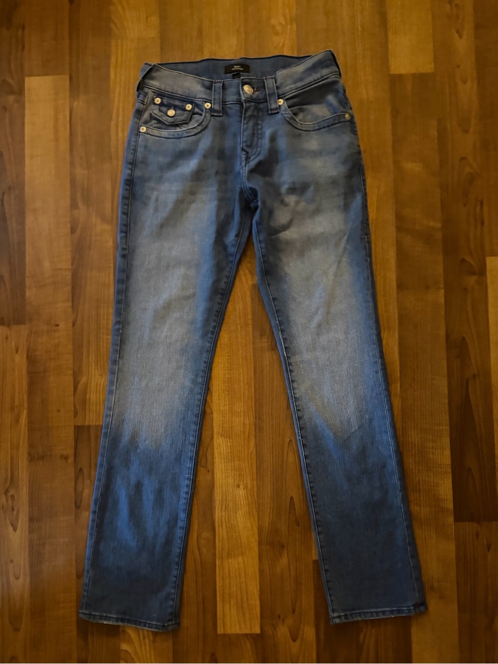 TRUE RELIGION: Blue contrast stitch Ricky cut faded denim